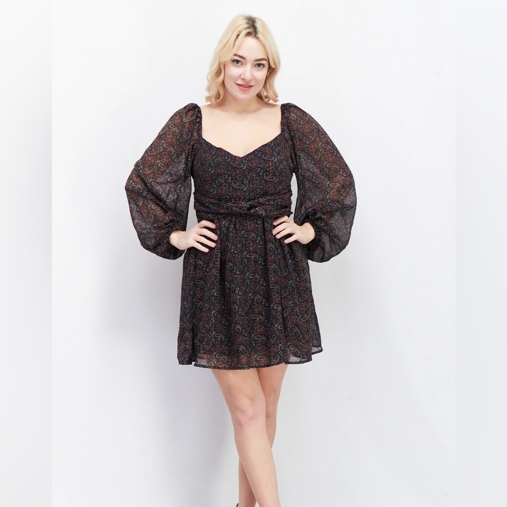 O.P.T West Paisley Print Long Sleeve‎ Squareneck Mini Dress Women's Size Medium - Picture 8 of 8